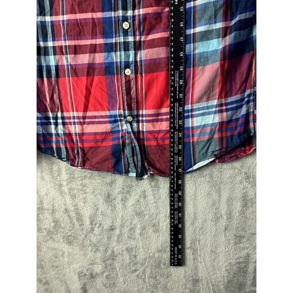 Old‎ Navy Shirt Mens Button Down Medium Slim Fit Red Blue Plaid Short Sleeve - Picture 6 of 9